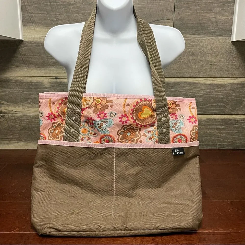 Ellie & Luke Diaper Bag Pink and Khaki Flowers and Hearts